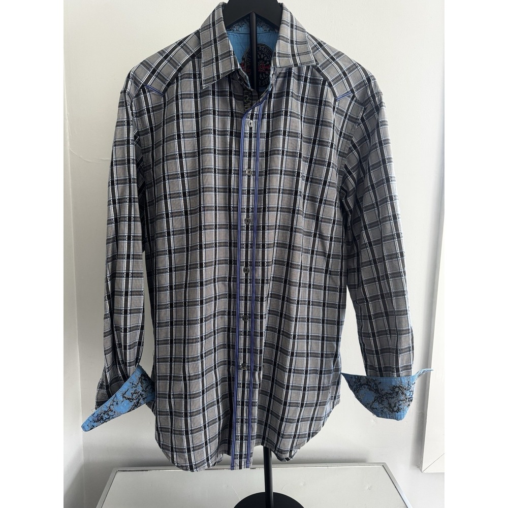 Robert Graham Button Up Shirt Blue Plaid Flip Cuff Trim Cotton Mens L